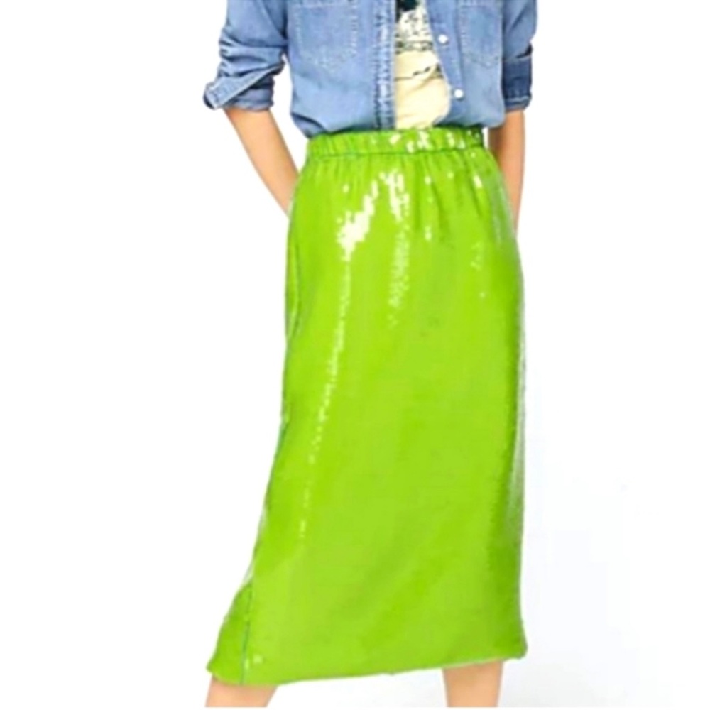 NWT J Crew Pull-on Midi Skirt All Over Sequins Lime M